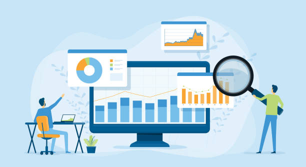 flat vector design statistik und datenanalyse für business finance investment concept mit business people team arbeiten an monitor graph dashboard - data stock-grafiken, -clipart, -cartoons und -symbole