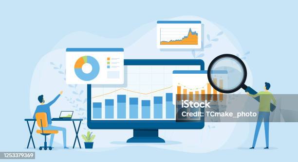 Flat Vector Design Statistical And Data Analysis For Business Finance Investment Concept With Business People Team Working On Monitor Graph Dashboard Stock Illustration - Download Image Now