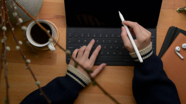 istock Female freelancer using digital tablet, coffee cup, schedule book and decoration on home office desk 1253379596