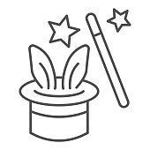 istock Focus with rabbit thin line icon, children entertainment concept, Magic trick sign on white background, rabbit in hat cylinder and wand icon in outline style for mobile and web. Vector graphics. 1253379701