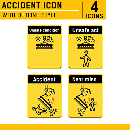 Unsafe condition, unsafe act, near miss, accident icon set. With line style on isolated white background. Accident icon set contains such icons as unsafe condition, unsafe act, near miss and other