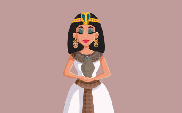 Egyptian Queen Cleopatra Holding Asp Basket Vector Illustration Ancient princess pharaoh of Egypt portrait drawing cartoon of a beautiful egyptian women stock illustrations