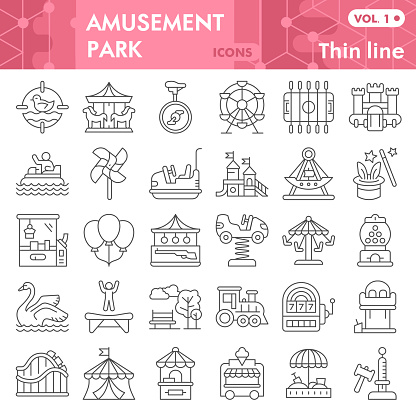 Amusement park thin line icon set, children entertainment symbols collection or sketches. Playground linear style signs for web and app. Vector graphics isolated on white background
