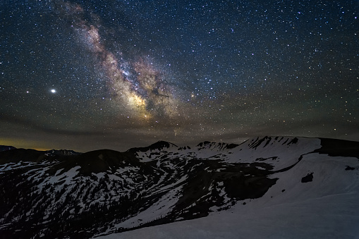 Milky Way and Mountains Night Sky Landscape - Scenic dark skies with brights stars, planets, and galaxy. Astrophotography landscape.
