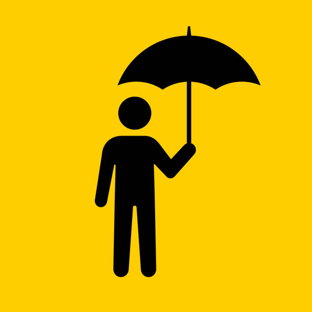 우산 아이콘 아래 남자 - protection umbrella people stick figure stock illustrations