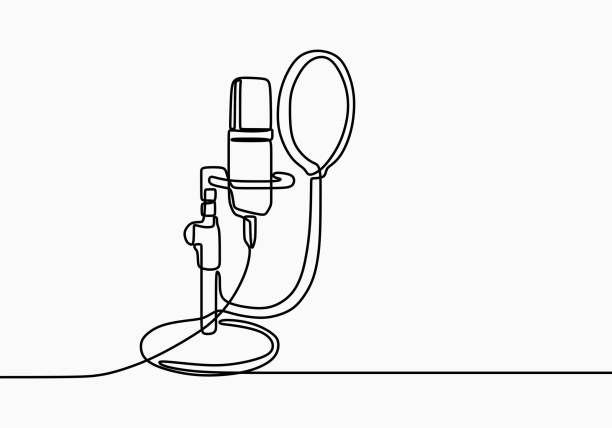 Continuous line drawing of vector radio station microphone icon. Podcast microphone hand draw minimalist design painted on white background. Outline sound recording concept single line art Continuous line drawing of vector radio station microphone icon. Podcast microphone hand draw minimalist design painted on white background. Outline sound recording concept single line art microphone illustrations stock illustrations