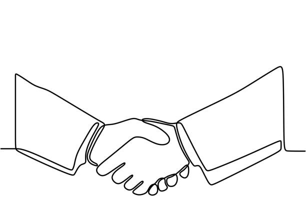 Continuous line drawing of handshake. Shaking hands of business partners drawn by one single line. Business agreement concept isolated on white background. Vector illustration graphic Continuous line drawing of handshake. Shaking hands of business partners drawn by one single line. Business agreement concept isolated on white background. Vector illustration graphic human body part stock illustrations