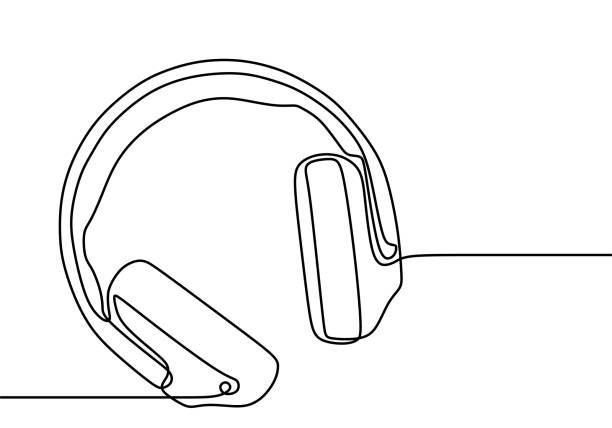 ilustrações, clipart, desenhos animados e ícones de um desenho de linha de dispositivo de fone de ouvido dispositivo dispositivo de linha contínua design de arte isolado em fundo branco. fone de ouvido para podcast ou transmissão. a tecnologia do fone de ouvido simboliza a ilustração vetorial - auscultador equipamento de informação