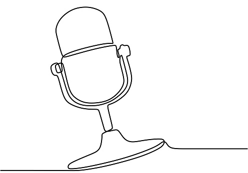Continuous line drawing of vector radio station microphone icon. Podcast microphone hand draw minimalist design painted on white background. Outline sound recording concept single line art
