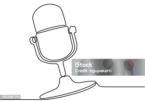 istock Continuous line drawing of vector radio station microphone icon. Podcast microphone hand draw minimalist design painted on white background. Outline sound recording concept single line art 1253387712
