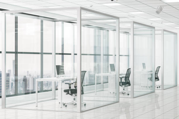 istock Social Distancing in Modern Office With Glass Cubicle 1253389394