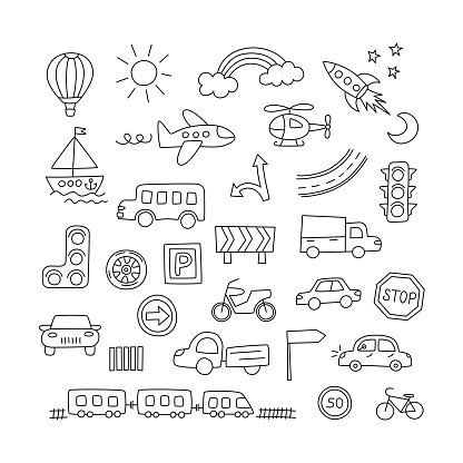Children drawing of cars, train, plane, helicopter and rocket. Doodle transport. Set of elements in childish style. Hand drawn vector illustration on white background