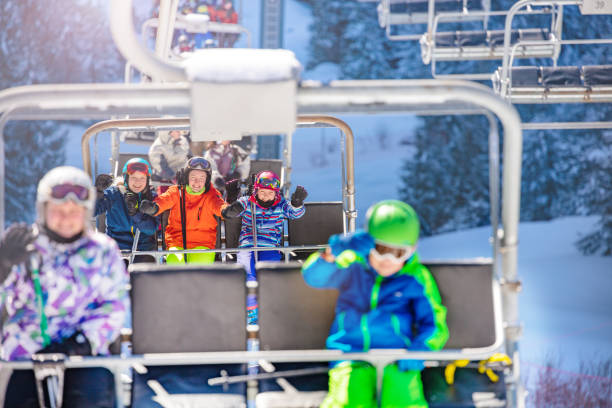 istock Kids on ski chairlift different seats composition 1253390605