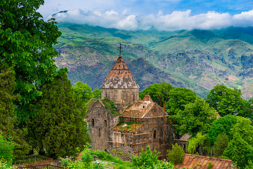 Sanahin Monastery - a landmark of Armenia on the background of beautiful mountains