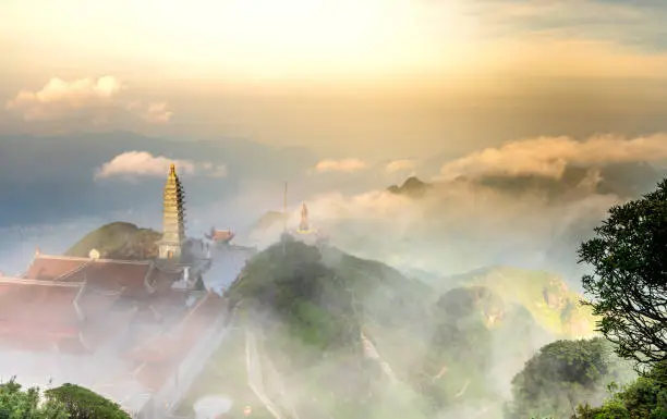 Beautiful landscape Kim Son Bao Thang Tu Pagoda and chinese god u lai and guan yin on Fansipan mountain in sapa, vietnam