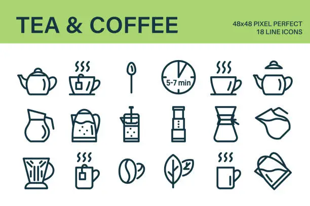 Vector illustration of Set of tea or coffee drink icons.