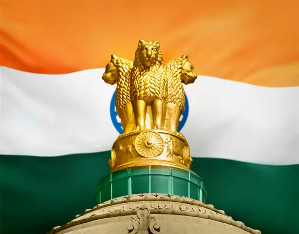 Photo of State Emblem of India on indian flag, Lion Capital of Ashoka, three lion, golden lions, vidhana soudha bengaluru bangalore