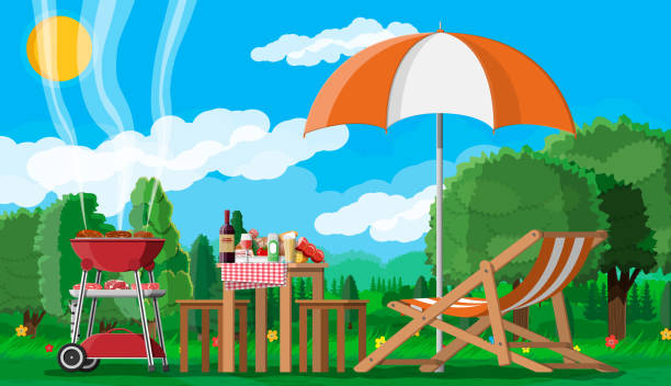 bbq party oder picknick. - summer party drink umbrella concepts stock-grafiken, -clipart, -cartoons und -symbole