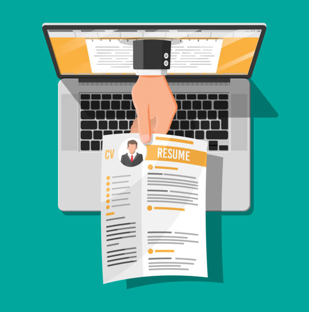 Job resume document out from laptop Job resume document out from laptop. Hand holding cv resume papers. Human resources management concept, searching professional staff, work. Found right resume. Vector illustration in flat style recruitment agency stock illustrations