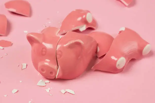 Broken pink ceramic piggy bank. Fragments, cracks