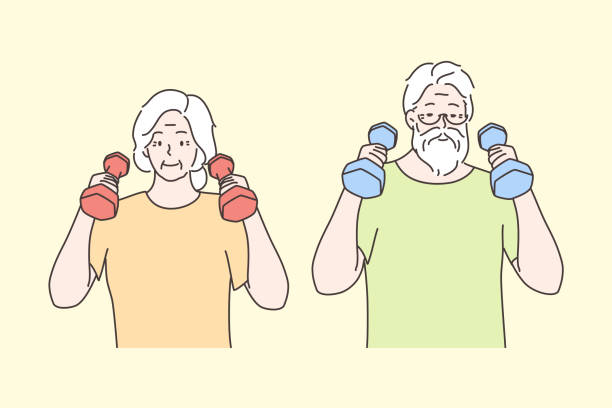 Sport, recreation, healthcare, workout, training concept Sport, recreation, healthcare, workout concept. Healthy happy elderly people man woman senior citizens do morning exercises pulling dumbells and gymnastics. Healthy lifestyle and active leisure time. cartoon of the older people exercising gym stock illustrations