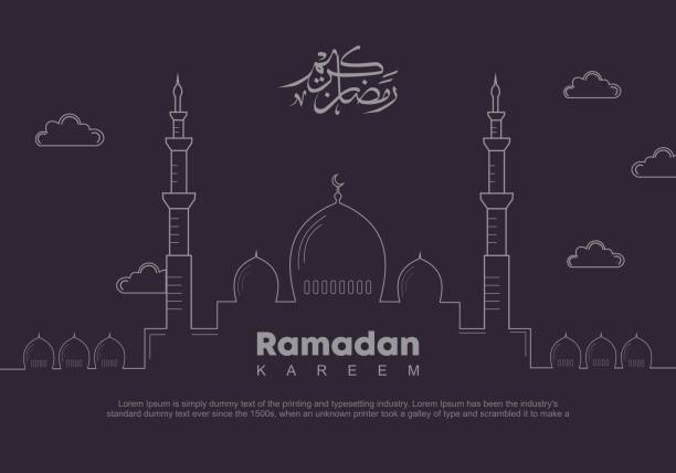 stockillustraties, clipart, cartoons en iconen met ramadan web banner sjabloon. de illustratie van de vector van ramadan kareem met overzichtsstijl. moskee en arabische kalligrafie vertaald: heilige ramadan. goed voor poster viering voor moslim gemeenschap. - mosque