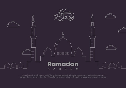 Ramadan web banner template. Vector illustration of Ramadan Kareem with outline style. Mosque and arabic calligraphy translated: Holy Ramadan. Good for poster celebration for muslim community.