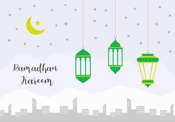 拉馬丹 · 卡里姆橫幅。慶祝聖月。伊斯蘭燈籠裝飾與城市剪影。平面卡通風格,向量圖。 - 燈籠 插圖 幅插畫檔、美工圖案、卡通及圖標