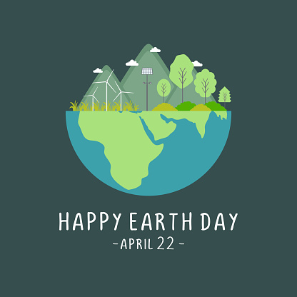 Happy earth day celebration design. Environment and ecology theme banner, poster, and background. World map background vector illustration. Globe with renewable energy power.