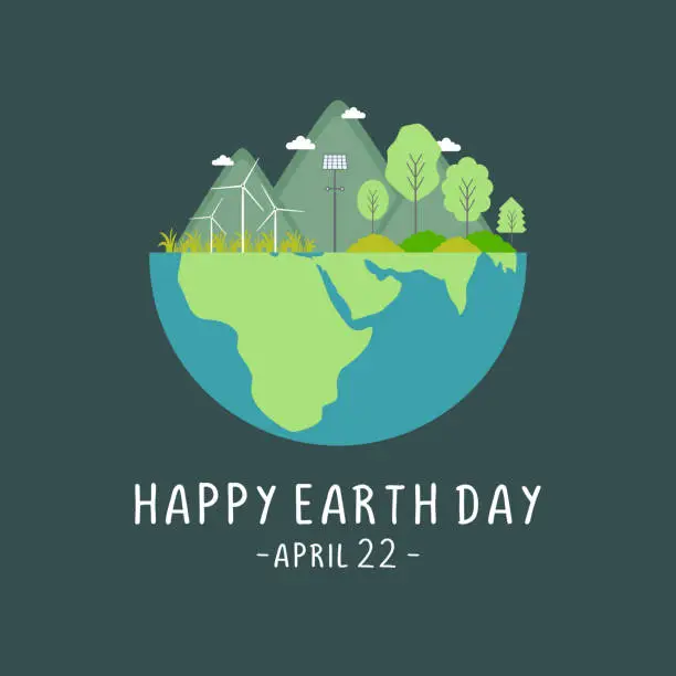Vector illustration of Happy earth day celebration design. Environment and ecology theme banner, poster, and background. World map background vector illustration. Globe with renewable energy power.