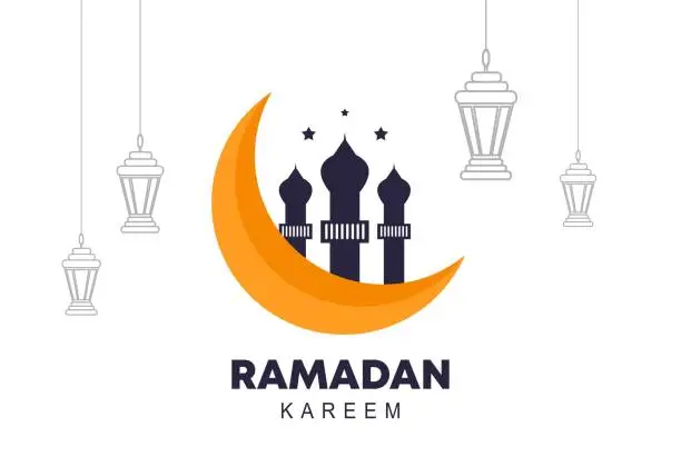 Vector illustration of Ramadan Kareem moon and mosque with lantern decoration. Vector illustration simple modern style.