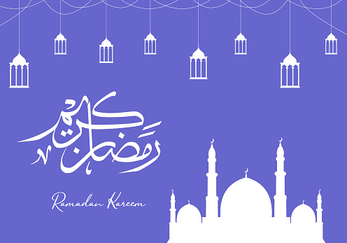 Vector Ramadan Kareem celebration with arabic calligraphy, crescent, mosque, and lantern. Luxury background with decorative design. Arabic calligraphy means: Holy Ramadan. Blue color theme.