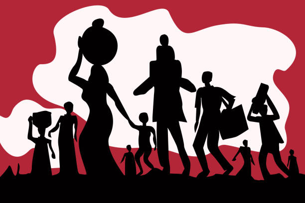 ilustrações de stock, clip art, desenhos animados e ícones de silhouette of exodus of economically backward people carrying luggages and children. - refugees