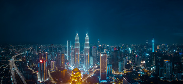 Panorama aerial night view of beautiful Kuala Lumpur city skyline. Malaysia