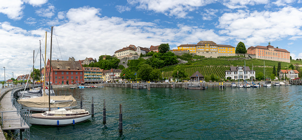 Meersburg, BW / Germany - 22 June 2020:  panorama view of Meersburg on Lake Constance with the harbor in the foreground