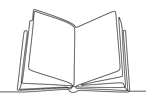 Book one line drawing banner. Opened book with pages on the table isolated on white. Happy study with book. Back to school concept. Vector illustration education supplies back to school theme.