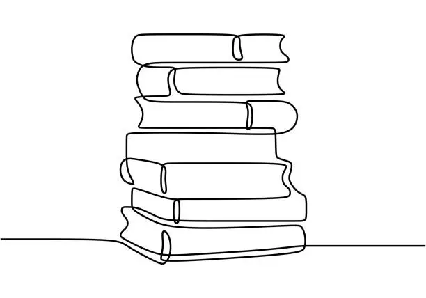 Vector illustration of One line drawing of pile of books. Stack of book on desk. Tidy books lined up. Happy study with reading the book. Single hand drawn continuous contour art, vector illustration minimalist design.