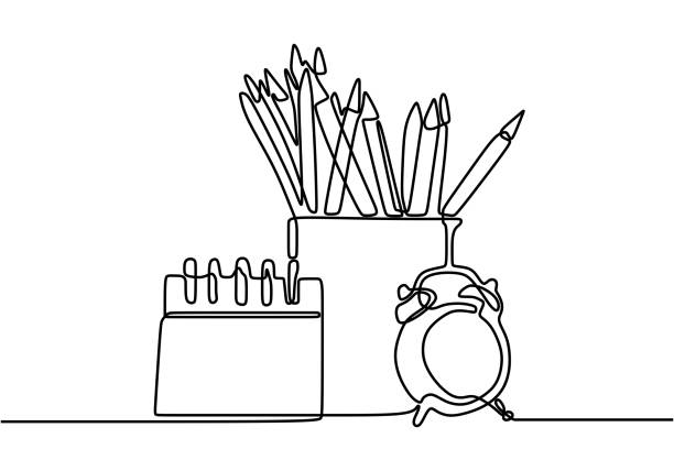 一個連續的鉛筆盒,鬧鐘和日曆在辦公桌上的線條繪製。學習文具,桌上整潔。學習快樂。智慧教育概念向量圖解。 - 日曆 插圖 幅插畫檔、美工圖案、卡通及圖標