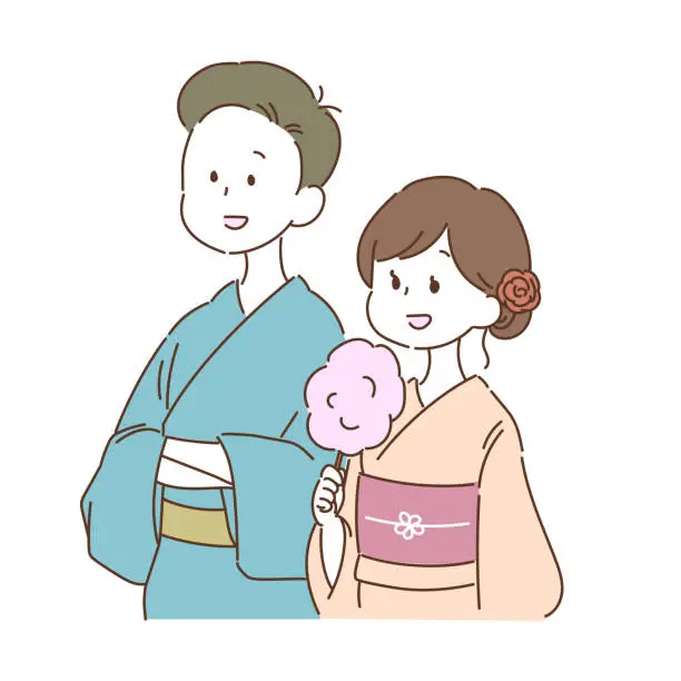Vector illustration of Asian couple wearing yukata and looking at the sky