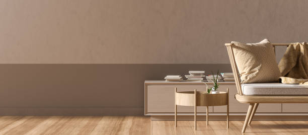 istock Empty wall mock up in modern style interior with wooden armchair. Minimalist interior design. 3D illustration. 1253409378