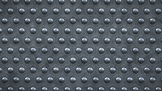 Abstract studded steel sheet metal honeycomb design of a shiny structure background with rugged pattern, directly above view