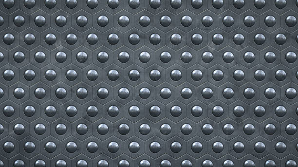 Abstract studded steel sheet metal honeycomb design of a shiny structure background with rugged pattern, directly above view Abstract studded steel sheet metal honeycomb design of a shiny structure background with rugged pattern, directly above view metal stud stock pictures, royalty-free photos & images