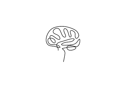 One line brain design silhouette. Brain implants. Neural implants. Human brain creativity hand drawn minimalism style vector illustration. Anatomical human concept isolated on white background.