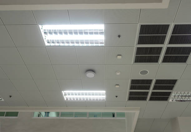 istock Air conditioning mask, lighting and modern equipment On the ceiling, selected switch-off some lighting for energy save 1253411691