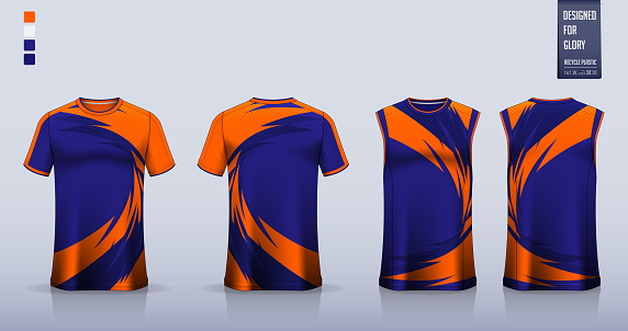 T-shirt mockup or sport shirt template design for soccer jersey or football kit. Tank top for basketball jersey or running singlet. Blue sport uniform in front view back view. Vector Illustration.