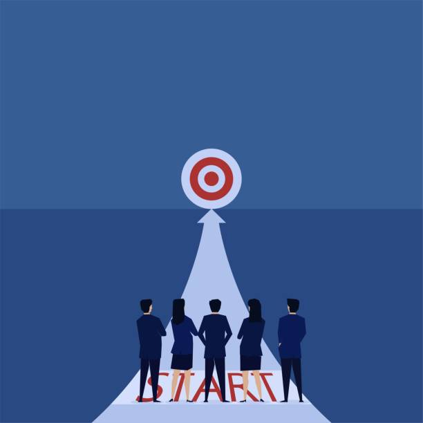 istock Business flat vector concept team stand on start line and see target metaphor of start up. 1253413226
