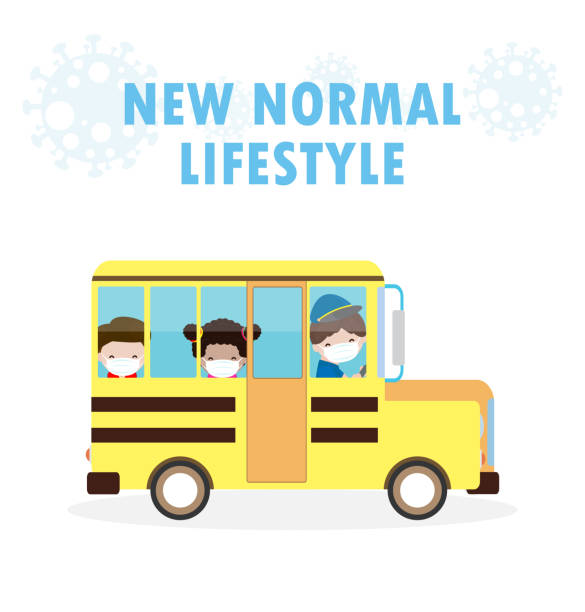 Back to school for new normal lifestyle concept. happy cute kids wearing face mask and social distancing protect coronavirus covid 19 on school bus, children and friends go to school isolated vector Back to school for new normal lifestyle concept. happy cute kids wearing face mask and social distancing protect coronavirus covid 19 on school bus, children and friends go to school isolated vector school bus stop stock illustrations