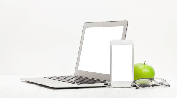 istock Workplace with laptop, smartphone, supplies 1253414188