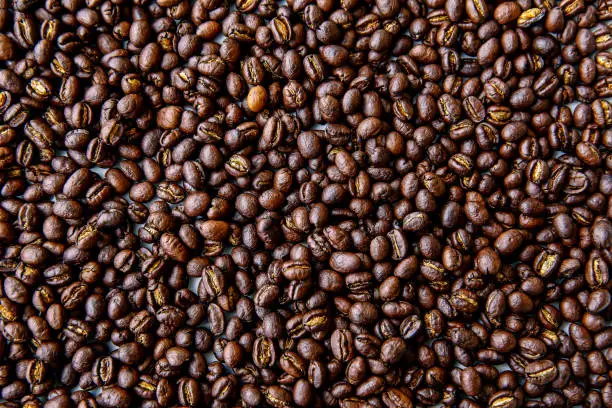 Coffee beans texture or coffee beans background. Brown roasted coffee beans. Closeup shot of coffee beans. Many coffee beans. Coffee beans can be used as a background