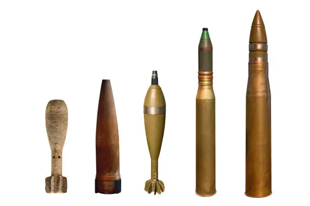 various types of military artillery shells of the second world war isolated on white background